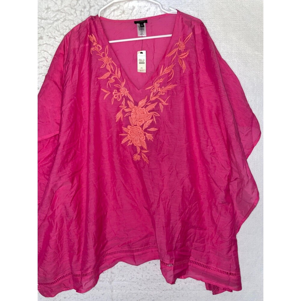 WOMENS TALBOTS PONCHO SWIM COVER UP COTTON GAUZE XXL EMBROIDERED HOT PINK NWT